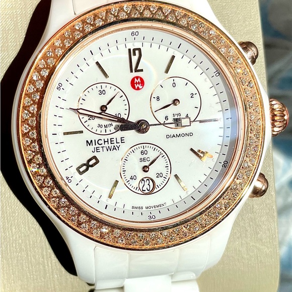 New Rose Gold Michele Diamond Jetway White Ceramic Women's Watch - Picture 7 of 8